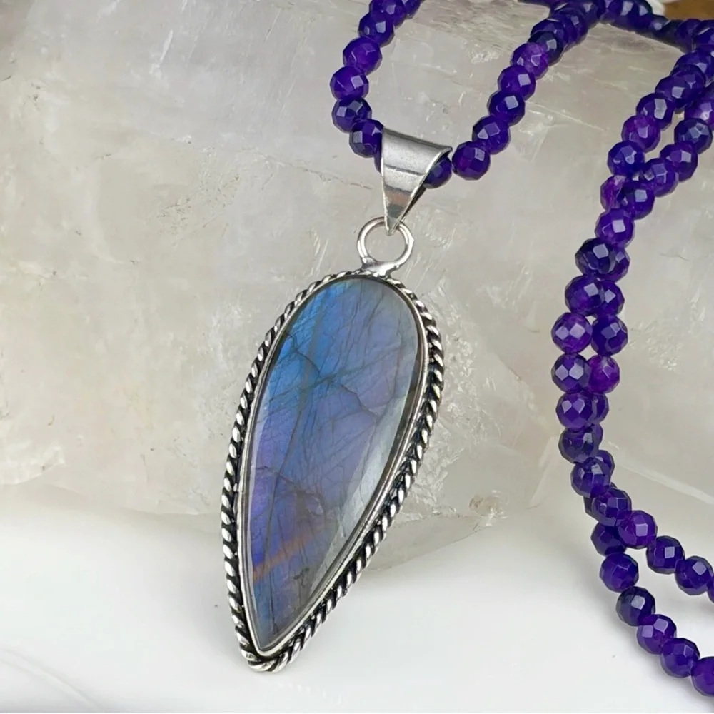 Purple Labradorite Pendant Necklace Boho Southwest Sterling Silver 925 Overlay - Picture 5 of 8